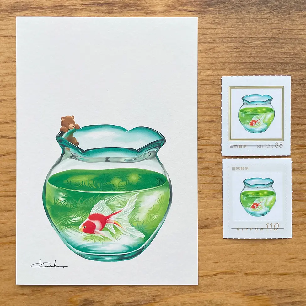 金魚鉢のポストカードと切手